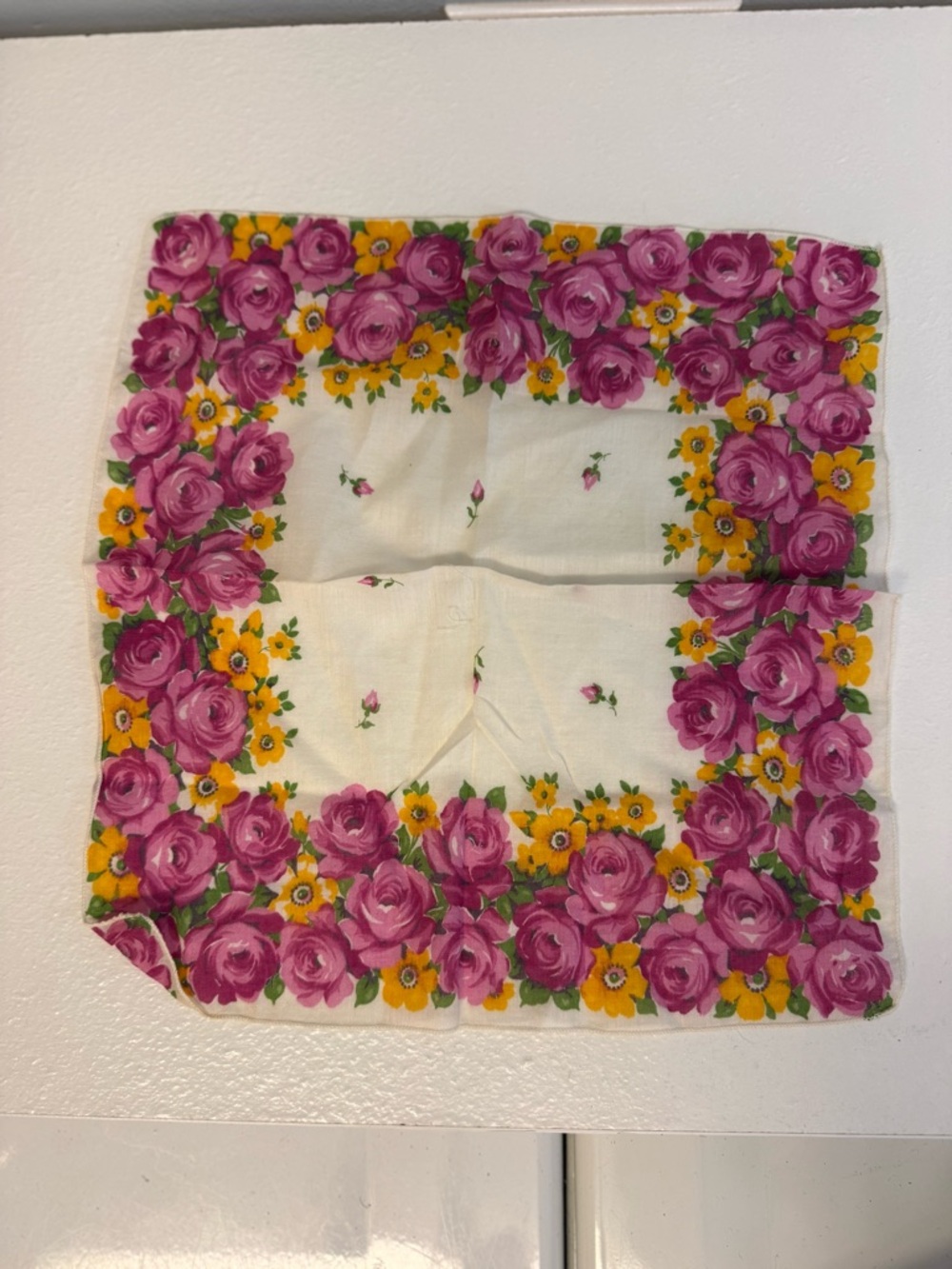 Vintage Floral Handkerchief Pink Roses & Yellow Daisies Print Cotton Hanky 11